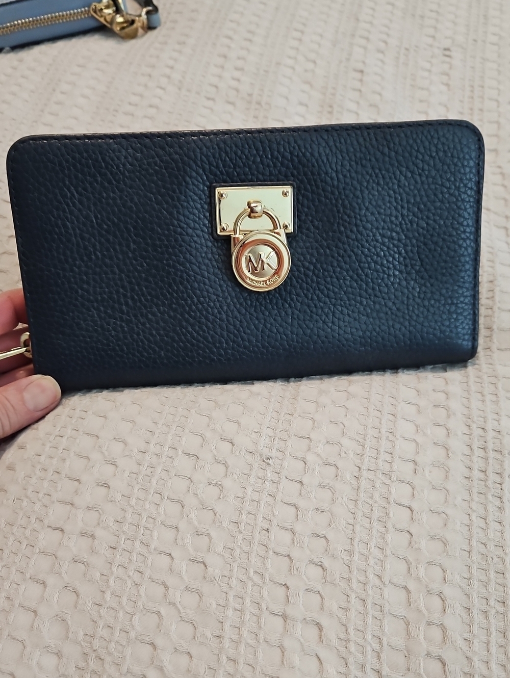 Michael Kors Black Pebbled Leather Zip-Around Wallet with Gold Medallion